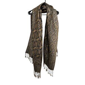 Pashmina Shawl Intricate Gold Black Geometric Patterns Fringe